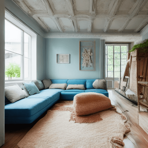AI generated: High resolution photography interior design, dreamy sunken living room conversation pit, wooden floo...