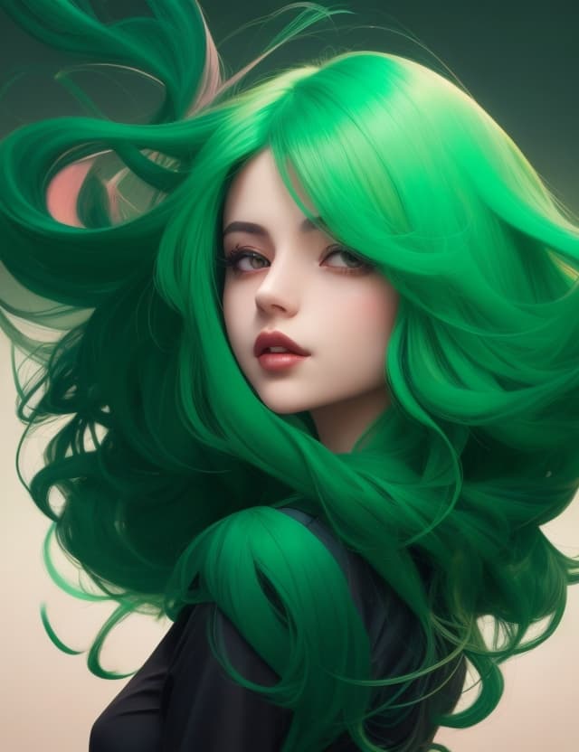 AI generated: flat style,1girl, lip, Sphere, dark green gradient background, electric color hair,Balayage hair, Sy...