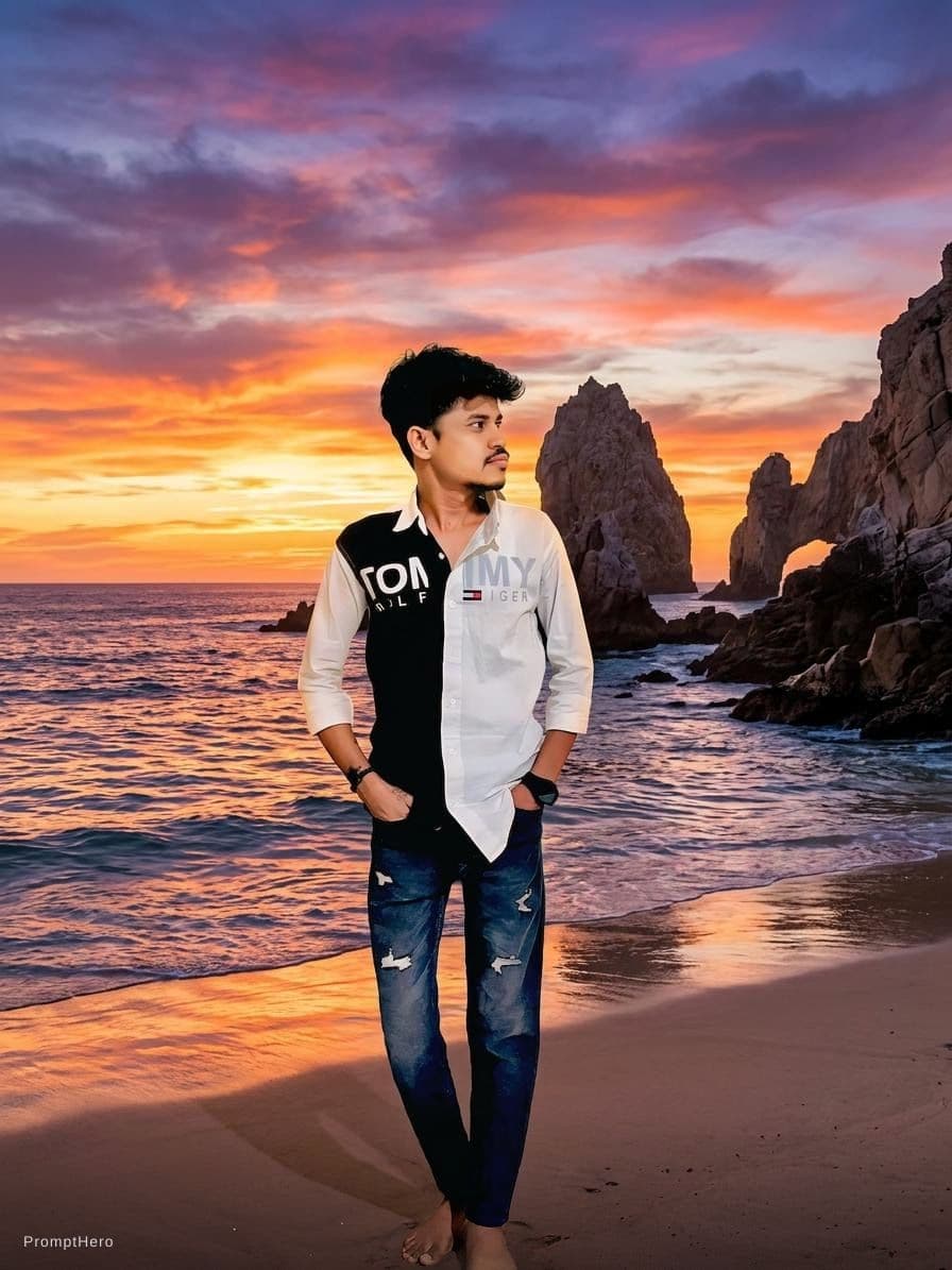 AI generated: Voglio un'immagine completa del mio avatar al mare davanti al tramonto qualcosa di epico