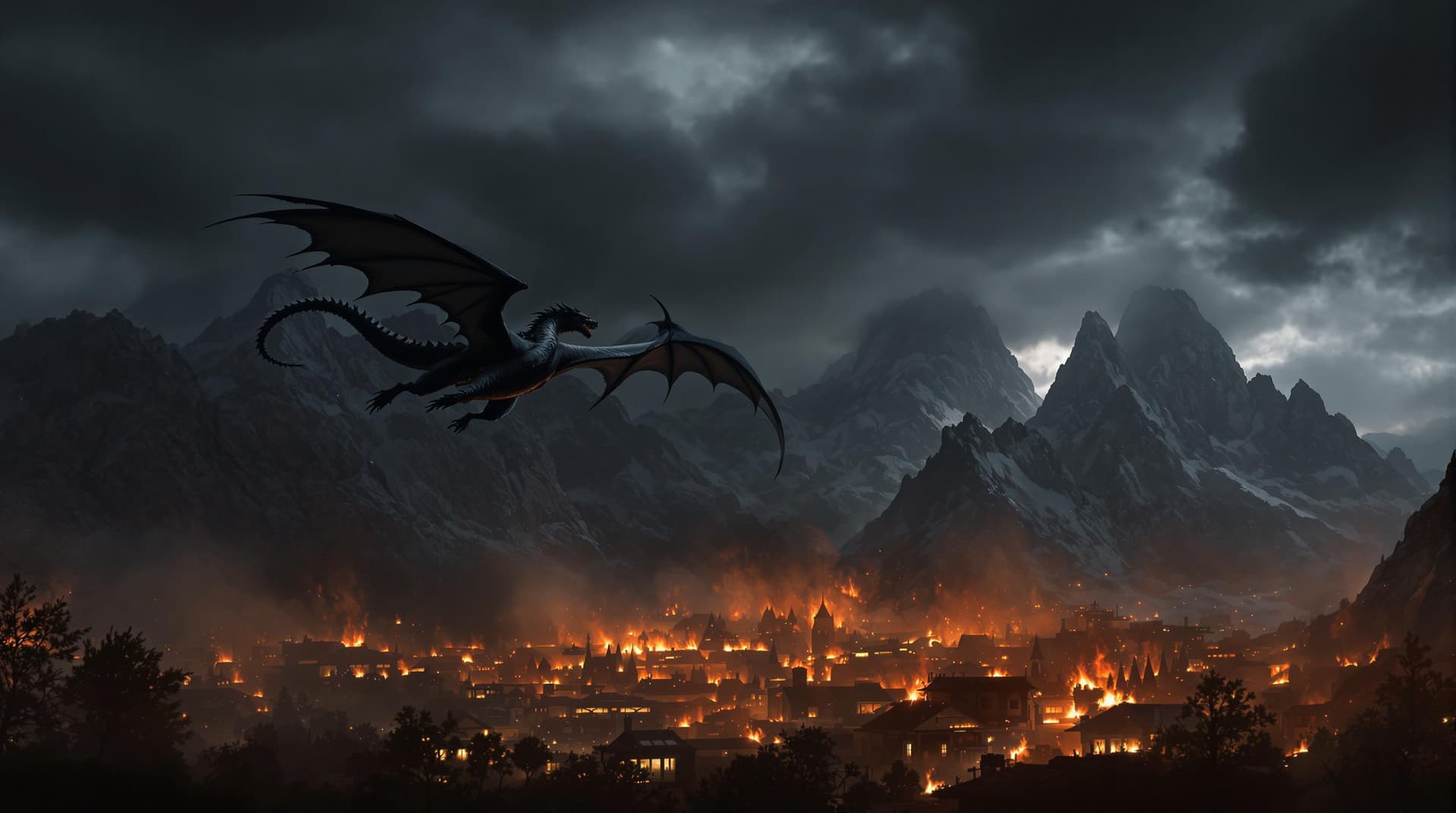 AI generated: a dramatic scene of a dragon flying over a burning village, set against a backdrop of towering mount...