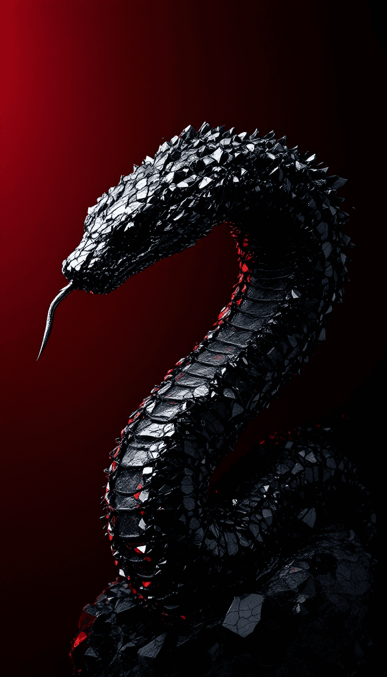AI generated: A black snake made from rough black obsidian crystals, in profile, side view, surrealism, pencils, f...