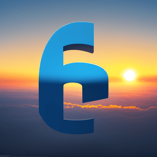 AI generated: a bright contrast yellow small letter "e" in blue sky during sunset, slightly rotated in horizontal ...
