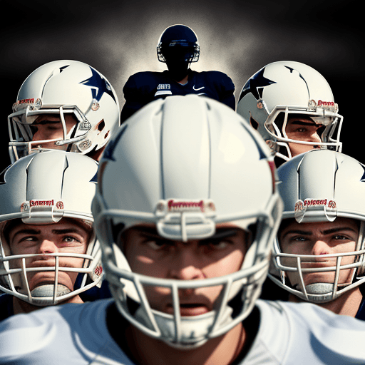 AI generated: front view of American football players, wearing white helmets, looking straight to the camera. Angr...