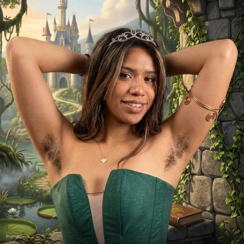 AI generated: 18 years unshaved armpits close up, both arms up, detailed armpits