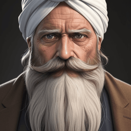 AI generated: The image features an older man, a long white beard and mustache, wearing turban, The man's beard an...