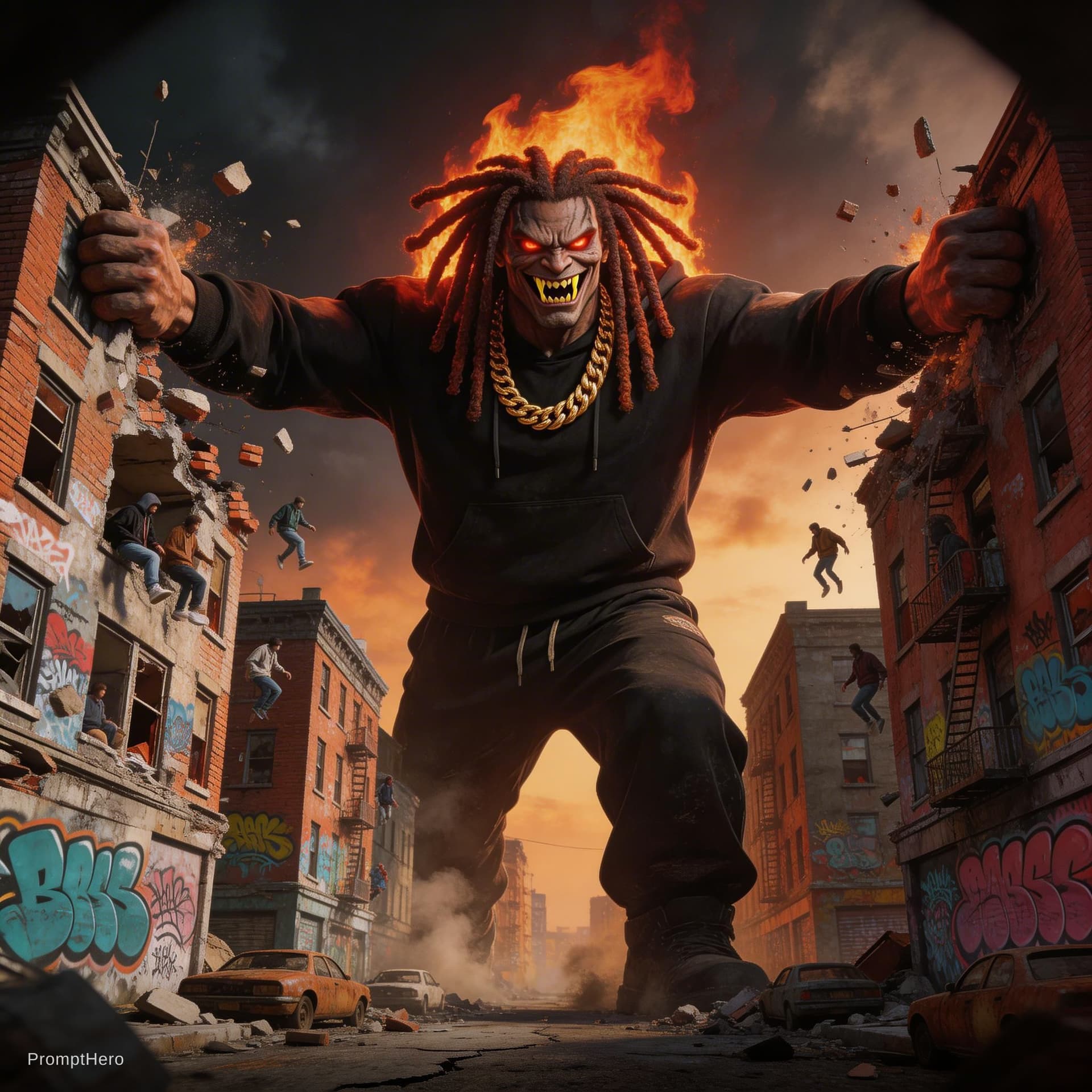 AI generated:  A colossal HIP HOP DEMON with flaming dreadlocked hair and an wicked grin stomps through a decaying...