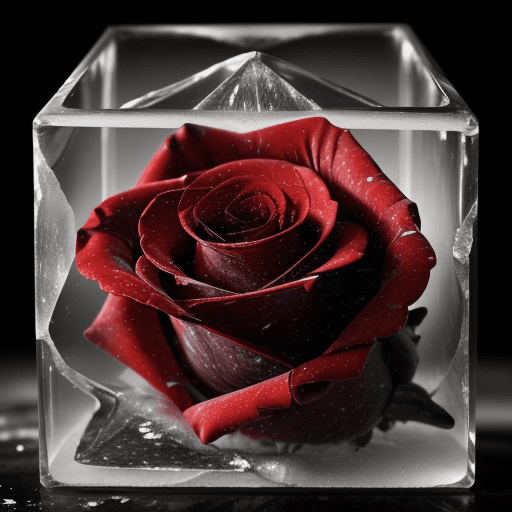 AI generated: close-up photo of a beautiful red rose breaking through a cube made of ice , splintered cracked ice ...