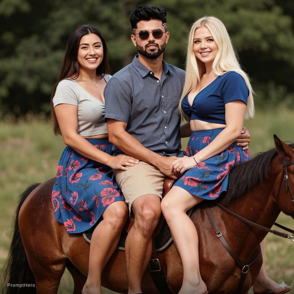 AI generated: Three people riding on a single horse man seat between two girls and hold her tightly girls in bikin...