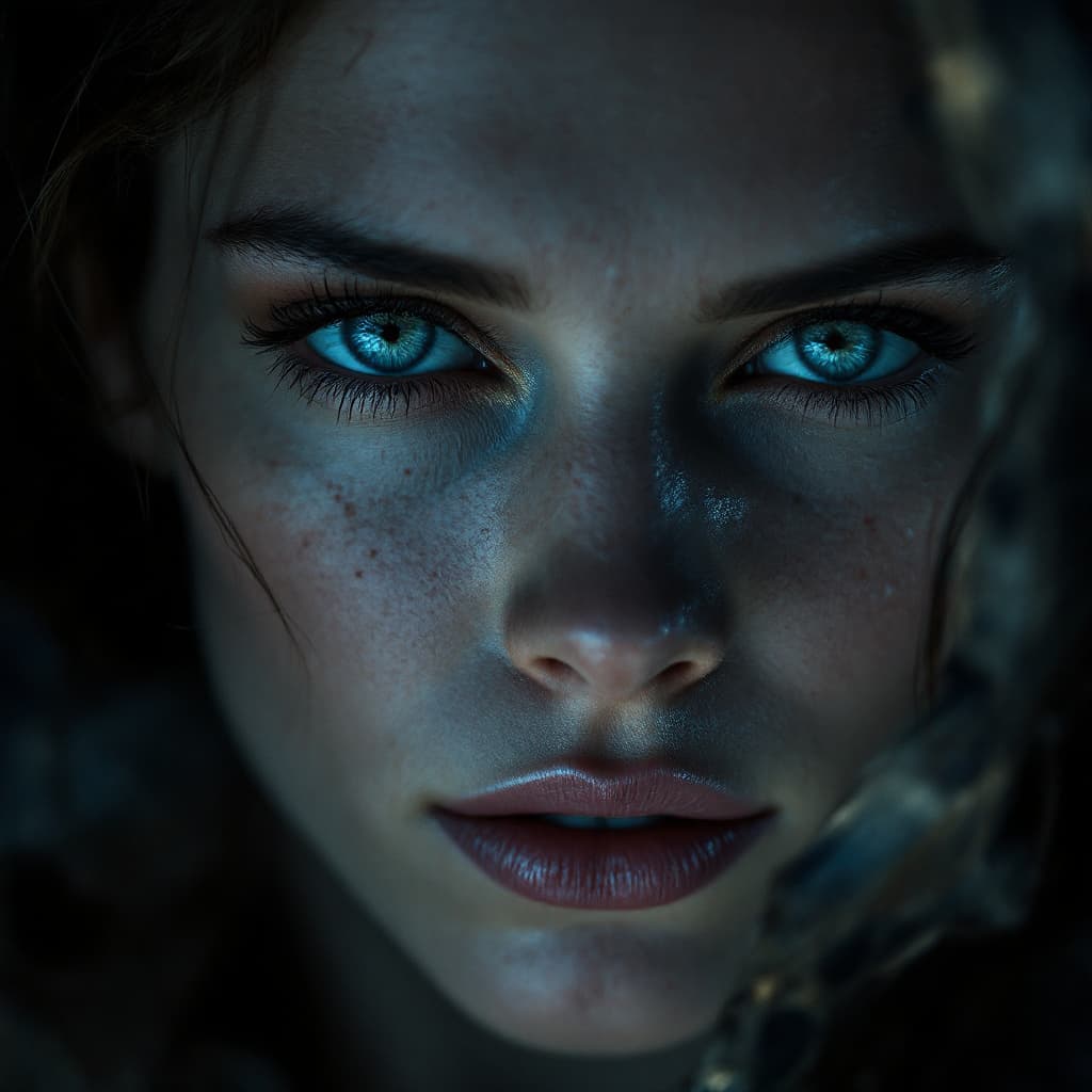 AI generated: A close-up color portrait of kristen stewart, the woman's face very detailed, with a striking look, ...