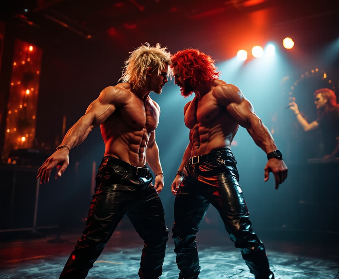 AI generated: high-resolution photo, full body standing, two muscular men, one with platinum blonde hair, one with...