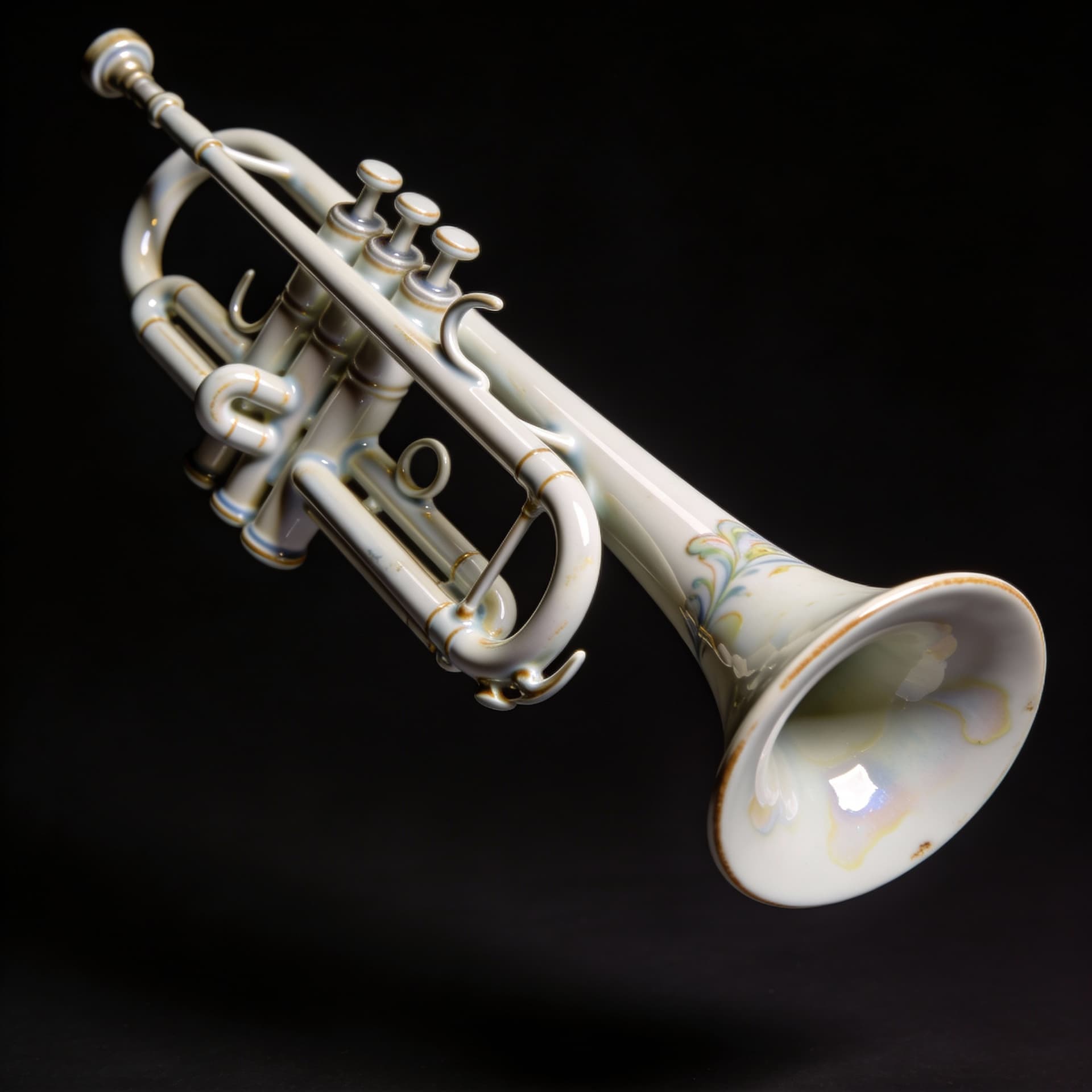 AI generated: A hyper-realistic editorial 3D render of a trumpet sculpted from fine porcelain china, photographed ...