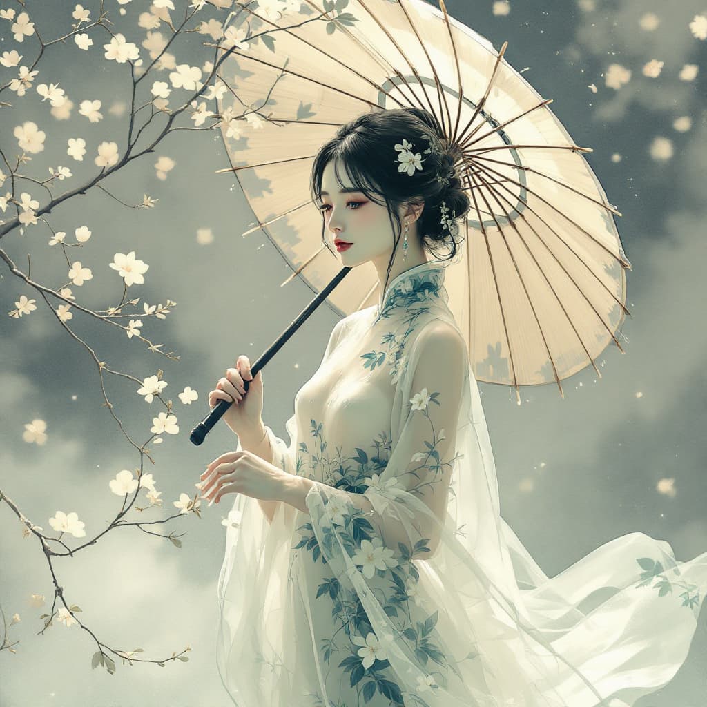 AI generated: painting of a woman dressed in transparent  Chinese dress with a bamboo umbrella, in the style of ro...