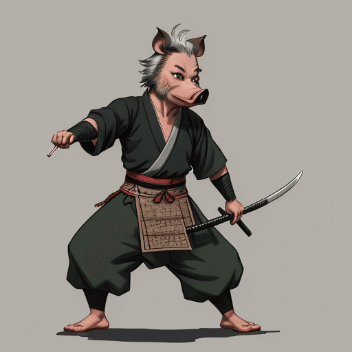 AI generated: art work by Stan Sakai, anthropomorphic wild pig samurai, young male