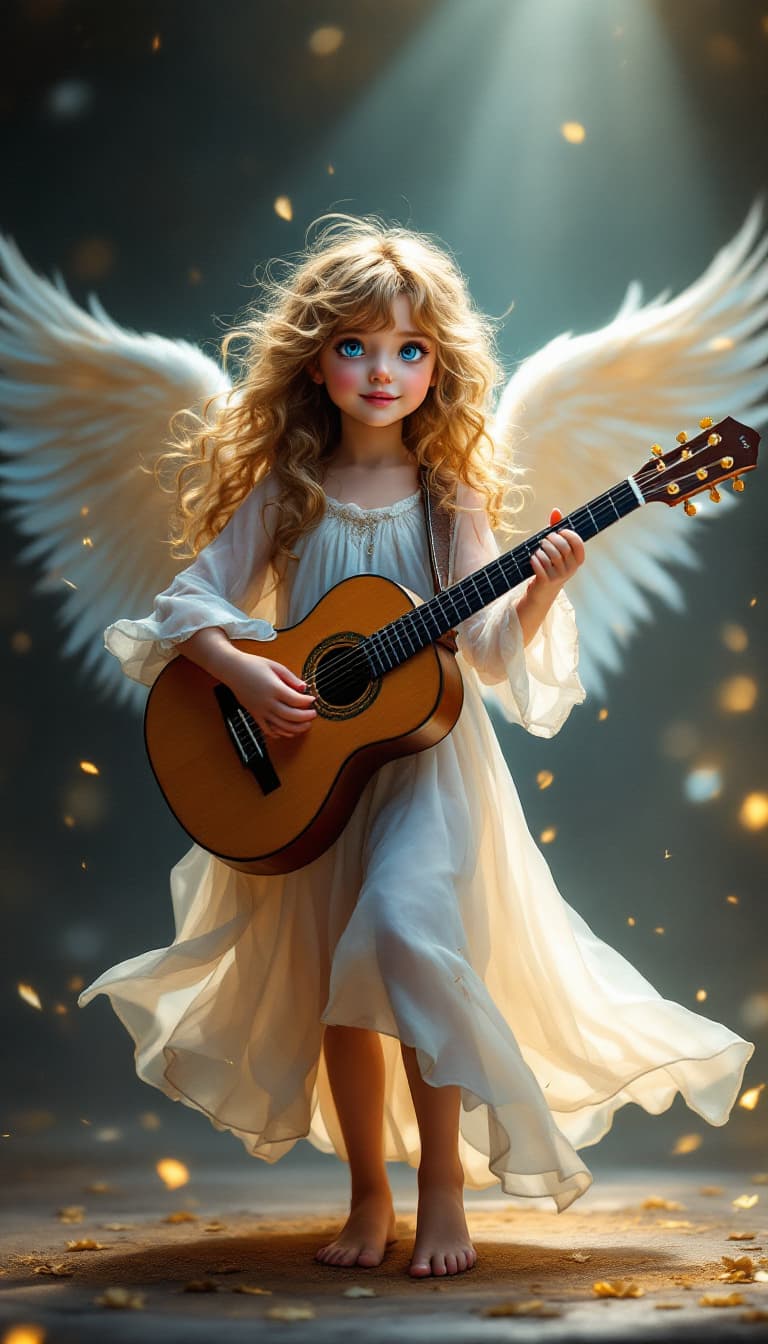 AI generated: An angelic girl with big blue eyes and golden curls, wearing a flowy white chiffon dress, barefoot o...