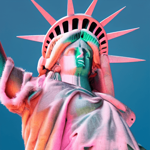 AI generated: Statue of Liberty wearing a pink fluffy fur coat, drone photo, 8k octane rendering, high resolution ...
