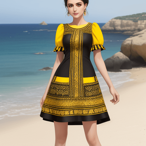 AI generated: Şile cloth, yellow, black, mixed-cut, short length dress
body-hugging, draped