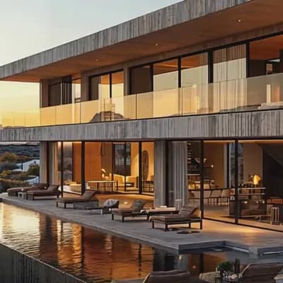 AI generated video: modern minimalist residential house in Iceland, dramatic lighting, sunny day, clear sky, aerial view...