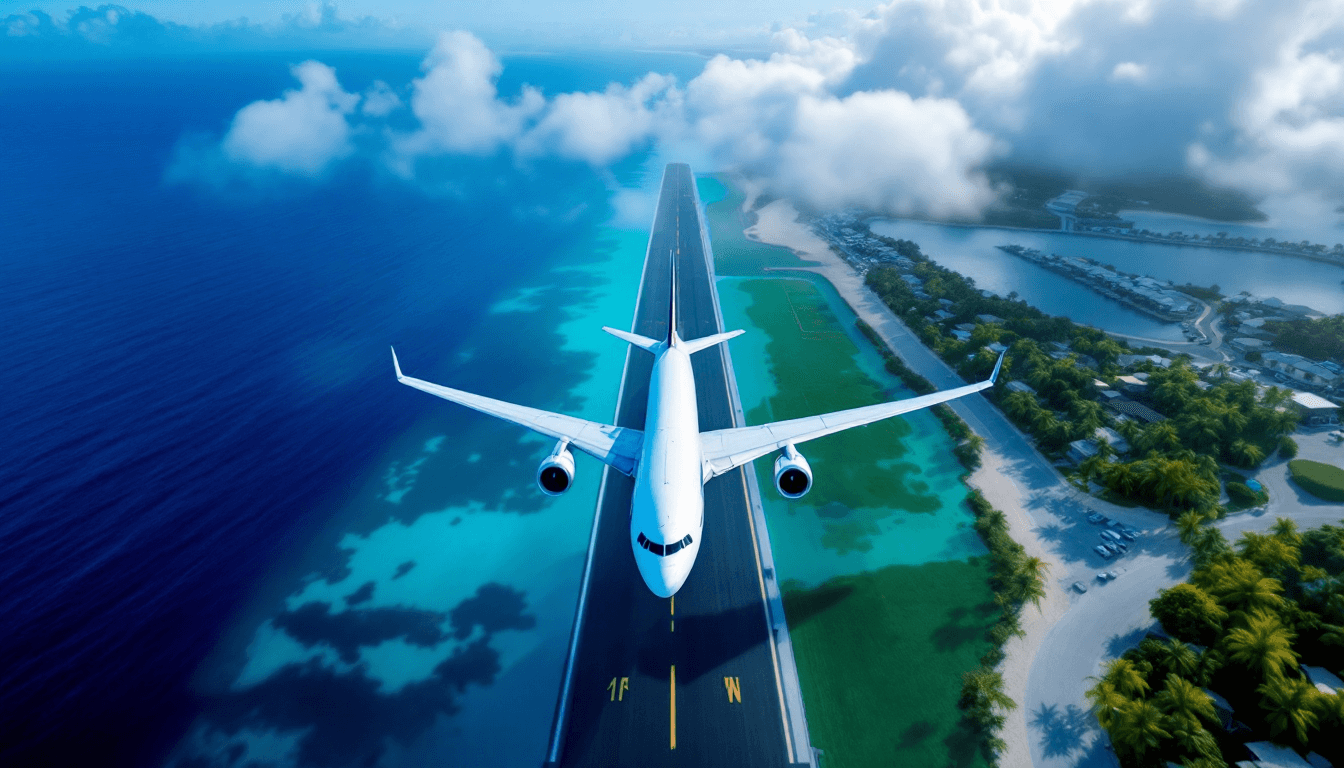 AI generated: An aerial view of a Boeing 747 landing on a tropical island airport