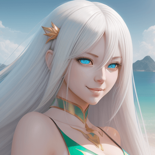 AI generated: girl with long platinum blond hair in white colour bikini, azure eyes, shy smile, in the style of hy...