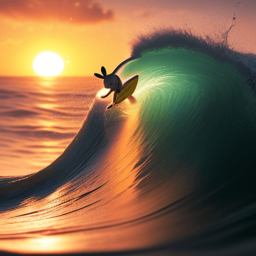 AI generated: photorealistic 32k, baby bunny surfing a wave, cinematic lighting, sunset 