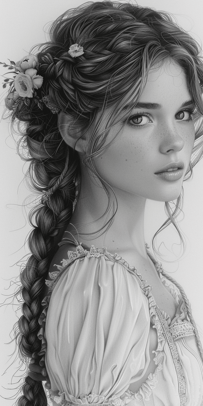 AI generated: pencil drawing of a beautiful young princess with braided hair, in the style of fantasy art --ar 1:2...