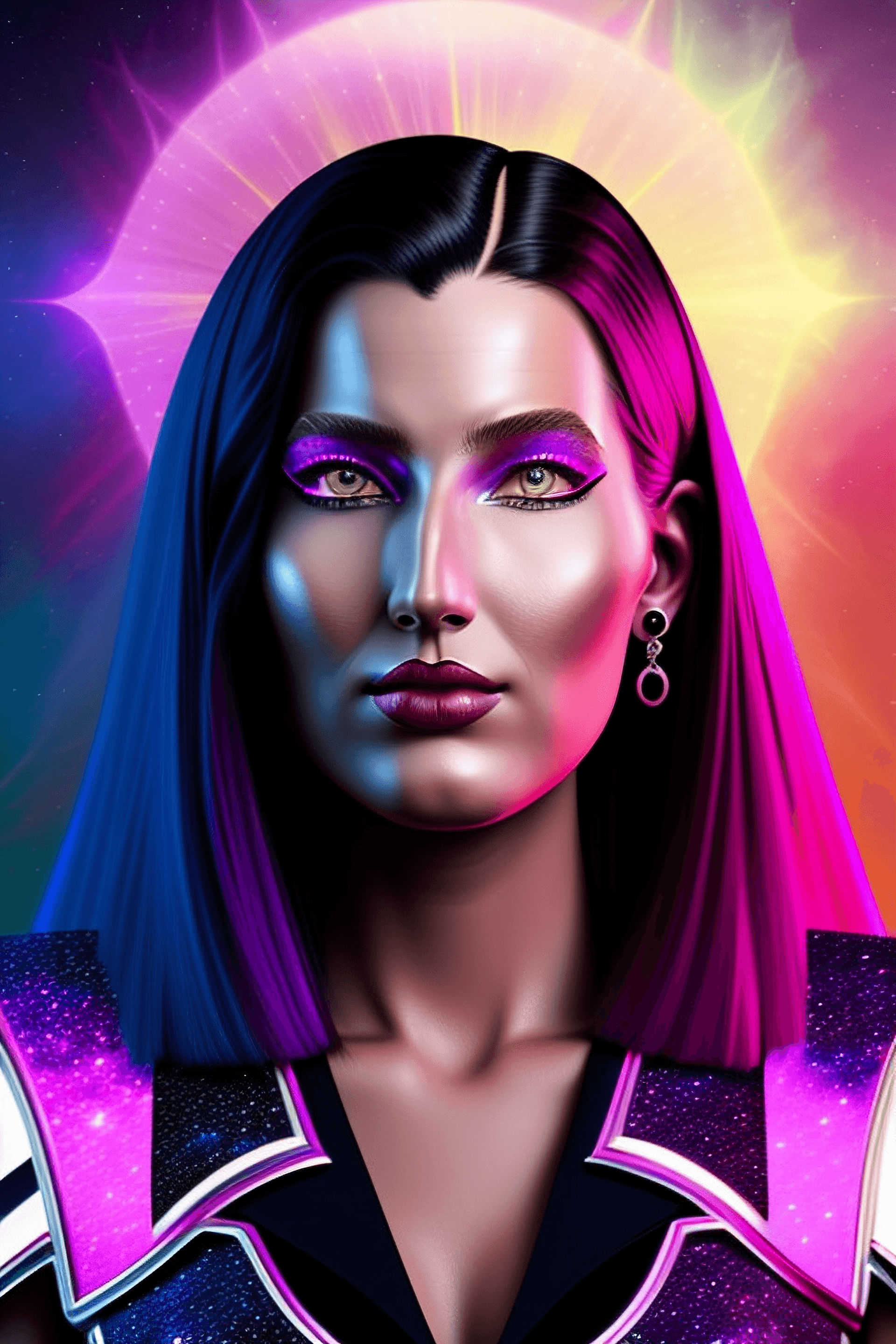 AI generated: digital painting of woman as a beautiful queen of ravens, in action, dramatic, wantone, femme fatale...