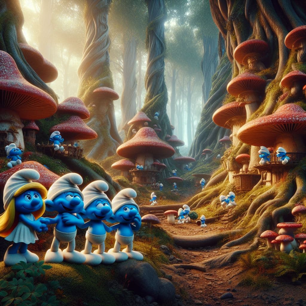 AI generated: The smurfs living and working in the magic forest, their houses made of mushrooms, organic forms, my...