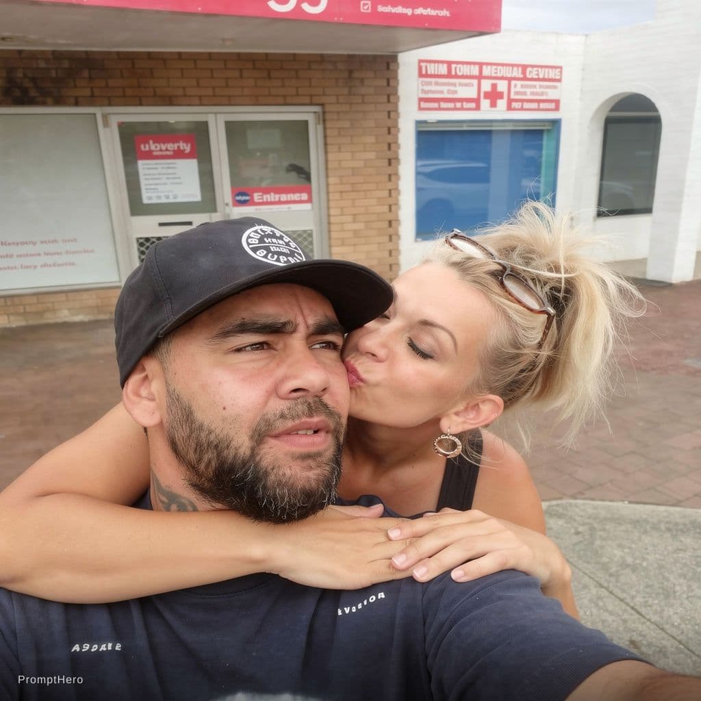 AI generated: Woman kissing man on neck 