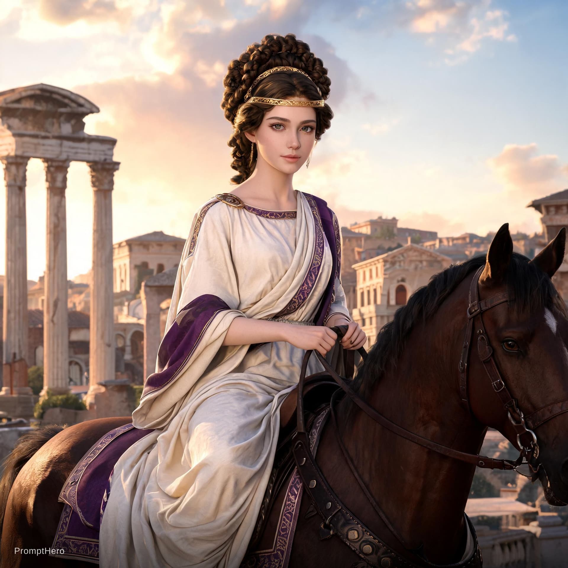AI generated: Eumachia, ancient rome, woman, beautiful, perfect face, perfect eyes, roman dress, riding the horse ...