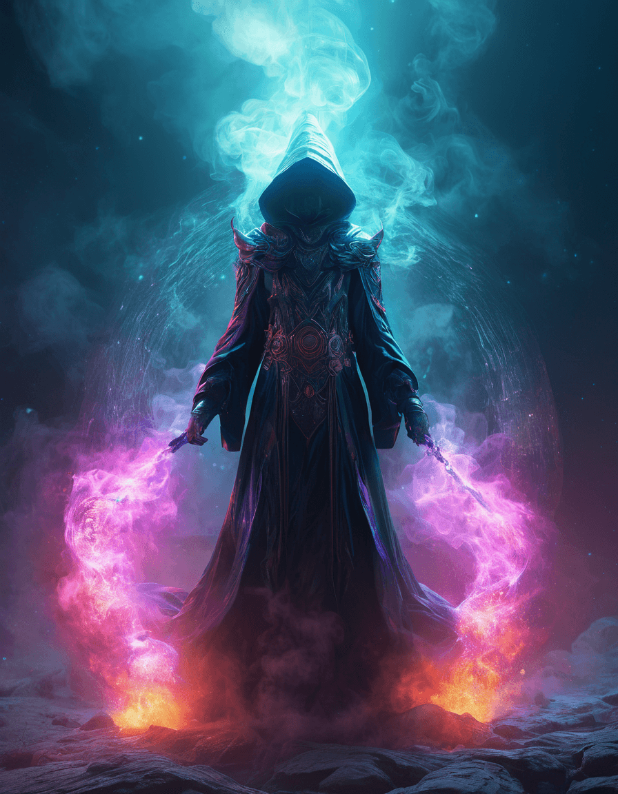 AI generated: character concept, cosmic void wizard, mist and smoke, photorealistic, unreal and octane render, vol...