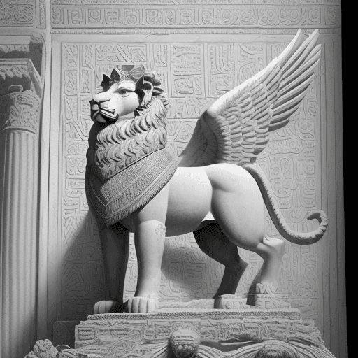 AI generated: A black and white photograph of an ancient Assyrian Wall sculpture depicting The winged lion of Baby...