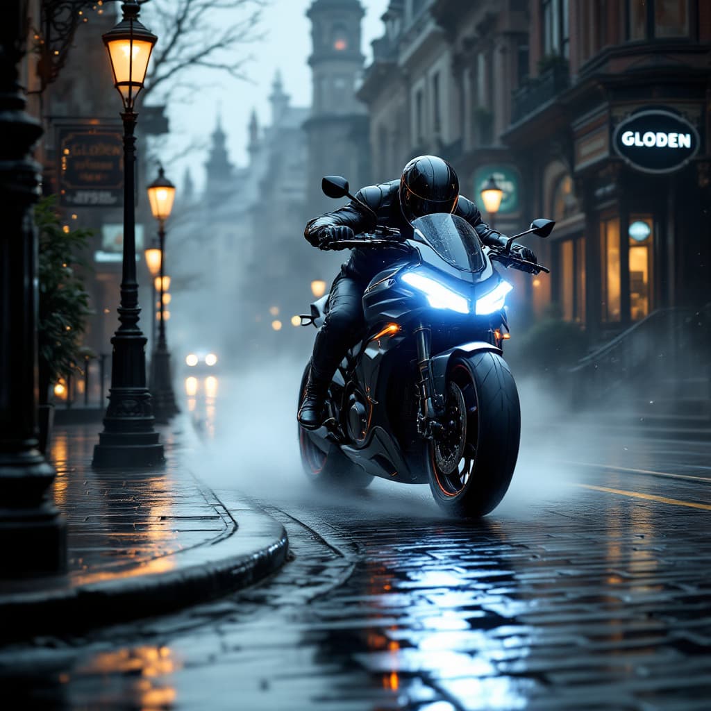 AI generated: A scene of an isle of GLODEN FUTURE motorcycle racing down a cobblestone Victorian-era street, mergi...