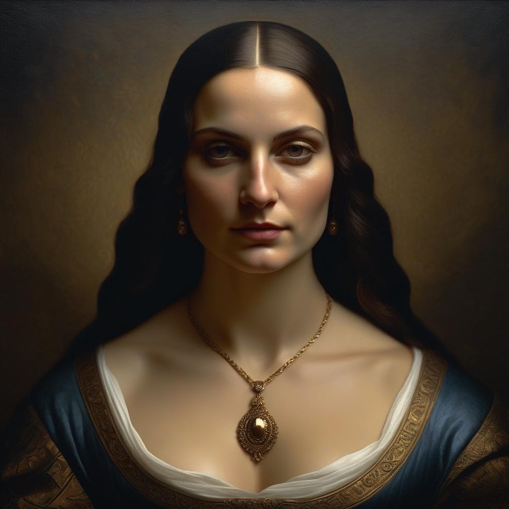 AI generated: professional portrait of a dilusioned Mona Lisa, badass look, XII century, heavy brushstrokes, textu...