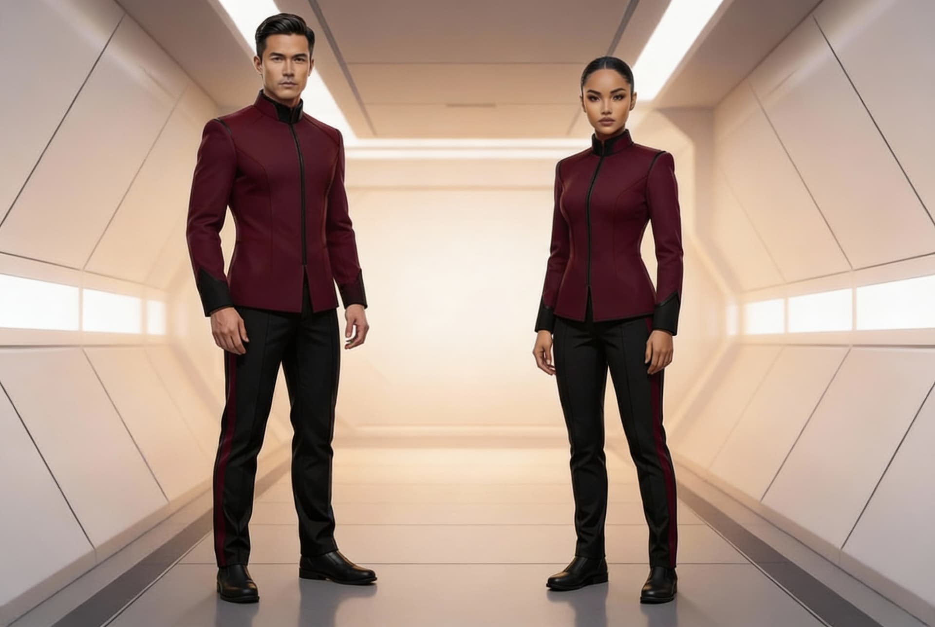 AI generated: Create matching Sci-Fi uniforms. Use the reference image 1, and add Black sleve cuffs to the uniform...