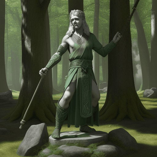 AI generated: an ancient druida with an oak staff in his right hand, with both arms open and point to high, in a l...