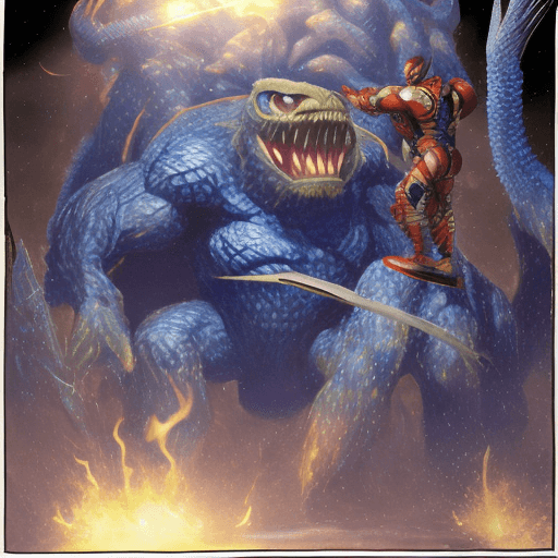 AI generated: Sci-fi superhero ultramarine battling a giant monster 