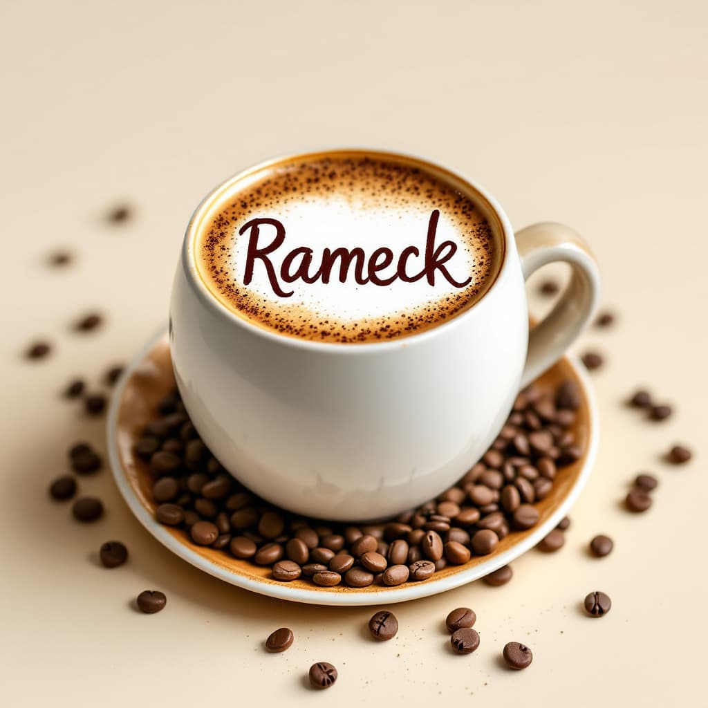 AI generated: capiccino coffee decorated the name rameck in it on it surface in a white plain spherical coffee mug...