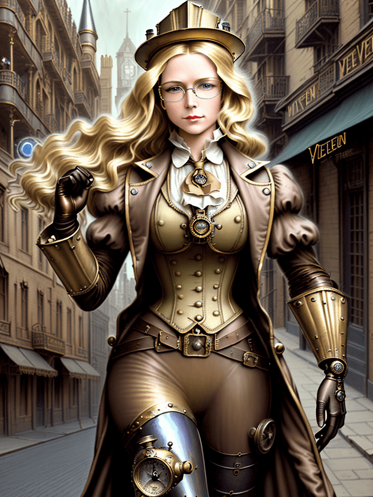 AI generated: ((masterpiece)), Photo of Steampunk Woman in Glasses, Blond Hair, Adventurer Costume, (Helmet with G...