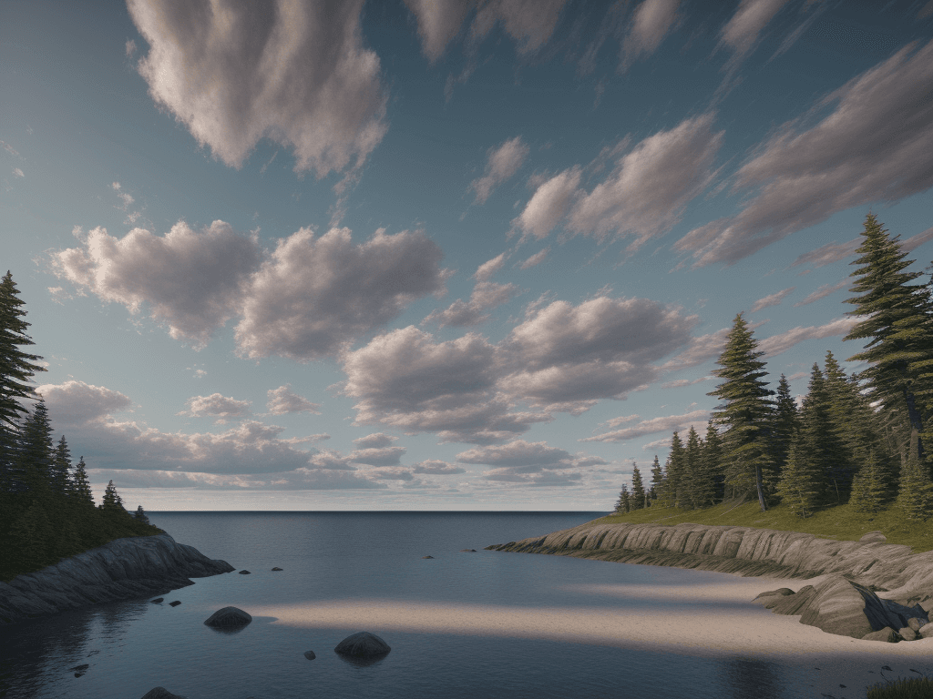 AI generated: photorealistic oil on canvas,
sparse clouds in a soaring sky, 
small blue spruce trees, rocky beach,...