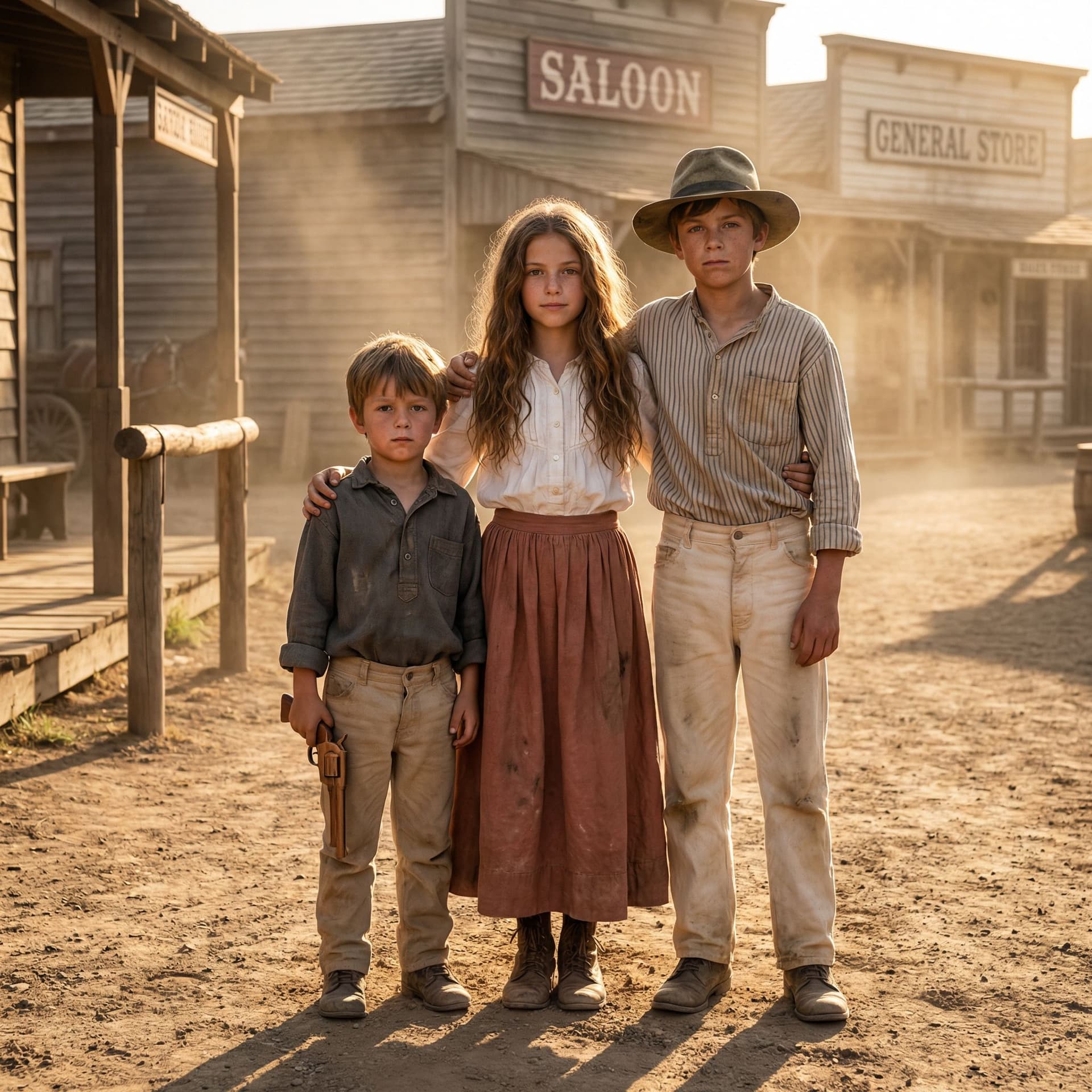 AI generated: Prompt: A high-quality cinematic shot in the style of Red Dead Redemption 2, featuring three young s...