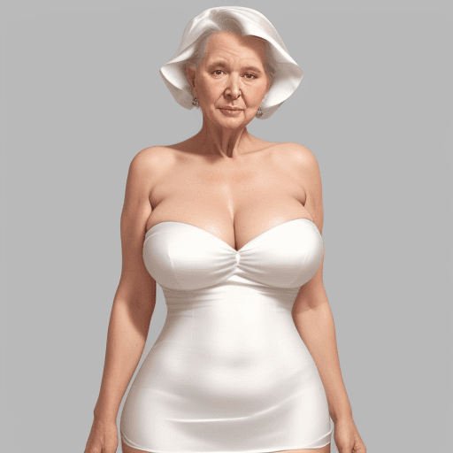 AI generated: Granny very buxom tight wide open strapless white silk dress with face and body flirting bare should...