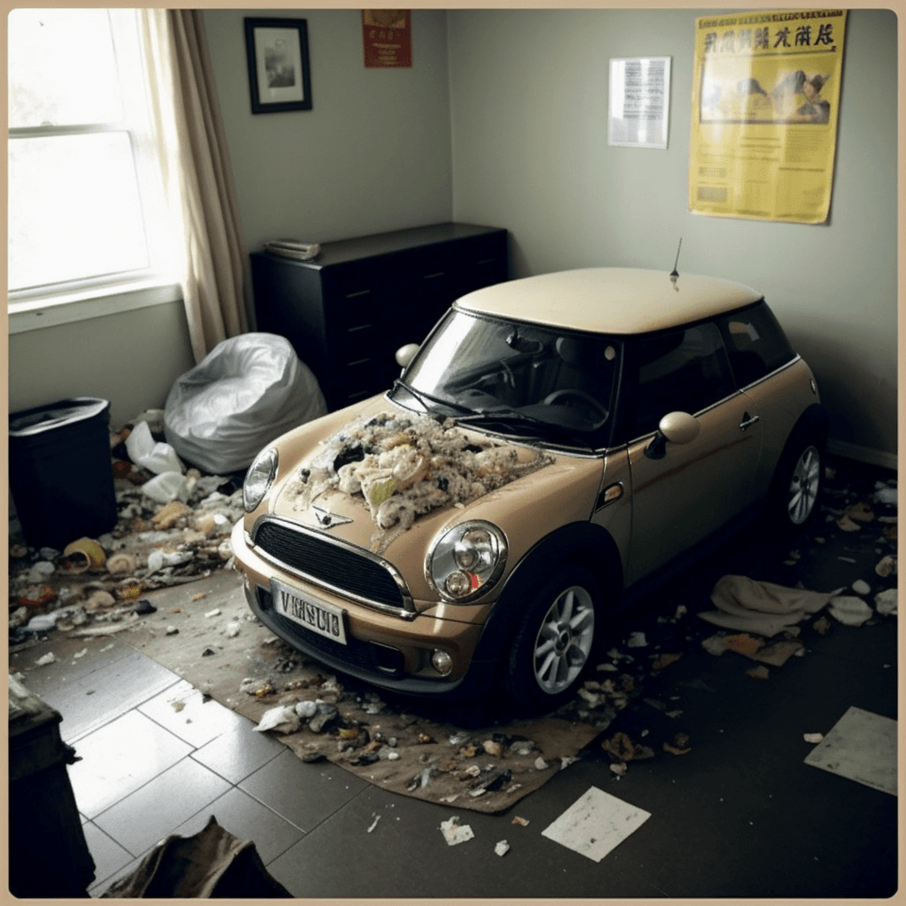 AI generated: photography of (a Mini car on the floor) (surrounded by messy bedroom, posters on the walls and dirt...