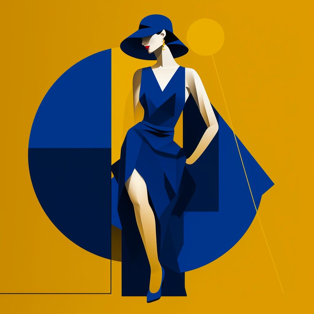 AI generated: a flat illustration of a fashio girl, exaggerated pose, sapphire blue vs gold cloth and hair, minima...
