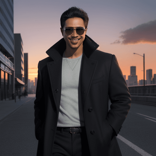 AI generated: Loid forger standing in a city street, wearing dark shades and smiling slyly, looking confident yet ...