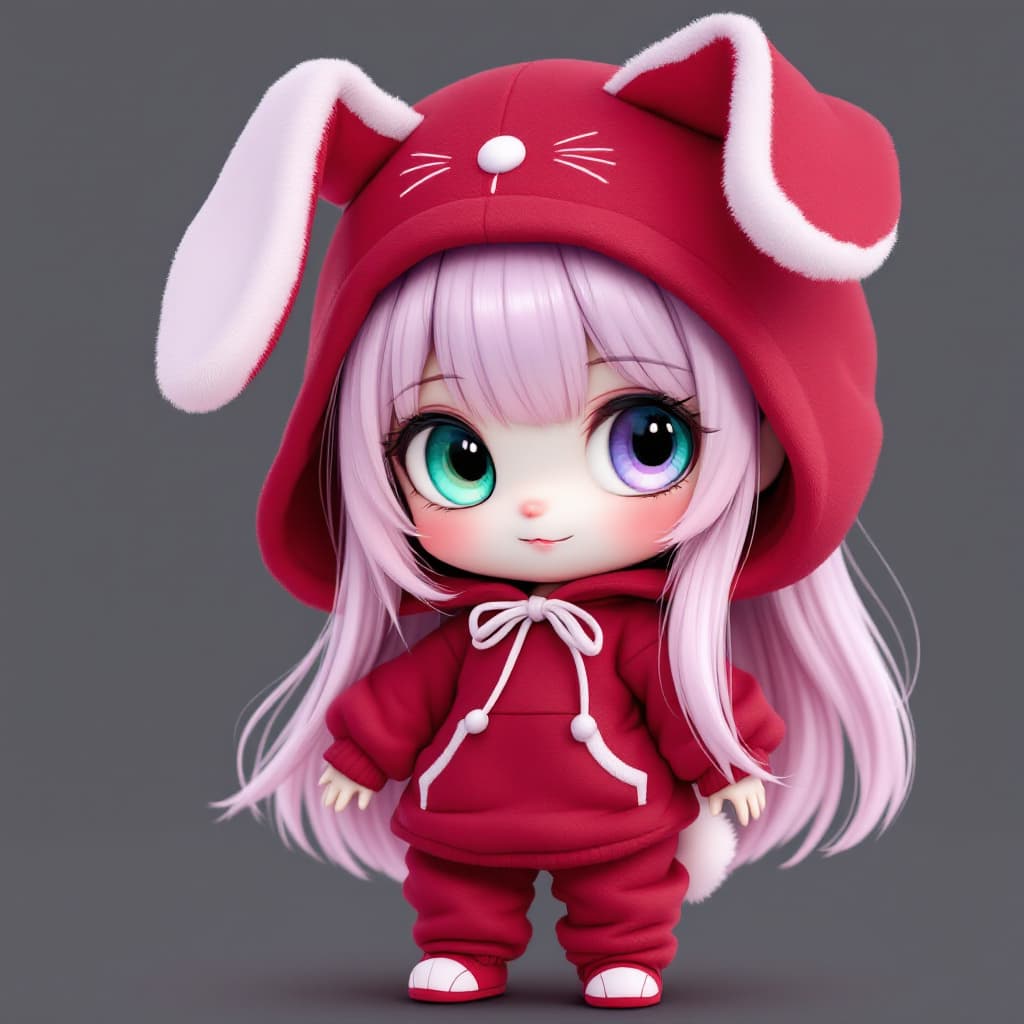 AI generated: A photo of a pale skinned chibi girl in a dark red playboy bunny costume with pale lilac hair, green...