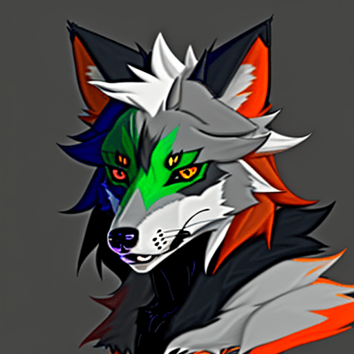 AI generated: wolf-like fursona with 4 different eyes, with all of them containing the colors green, orange, and a...