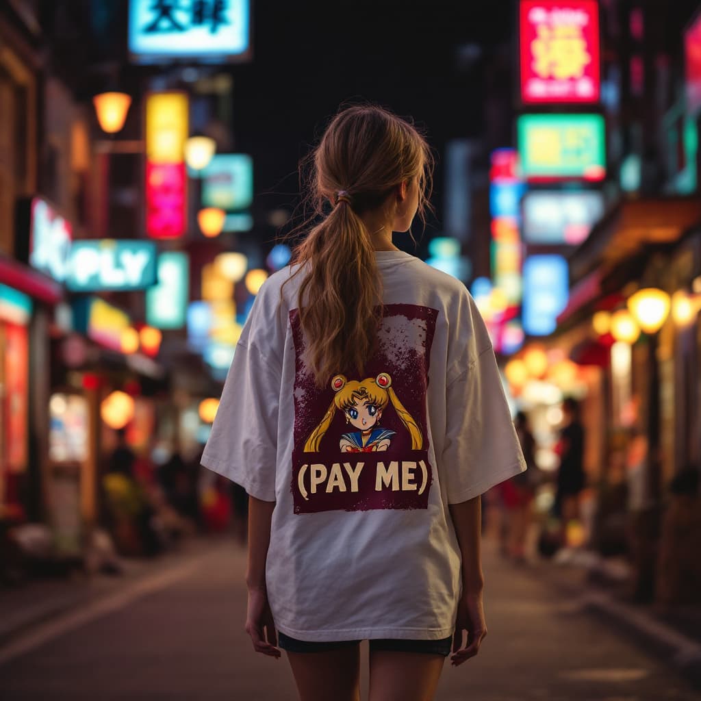 AI generated: a young beautiful girl walks along a night street in the light of neon signs and lanterns in a white...