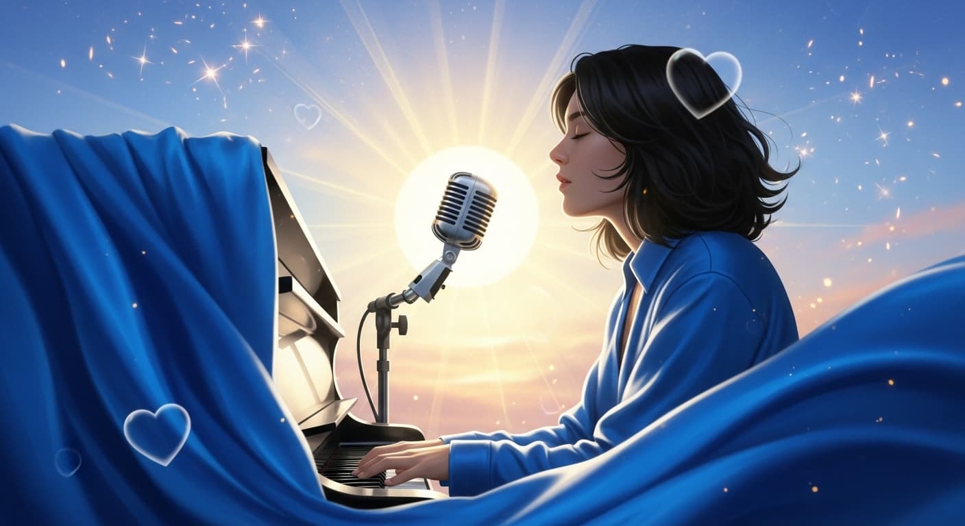 AI generated: Une scène lumineuse se déploie avec une douce révérence : un instant de calme au piano, baigné d'une...