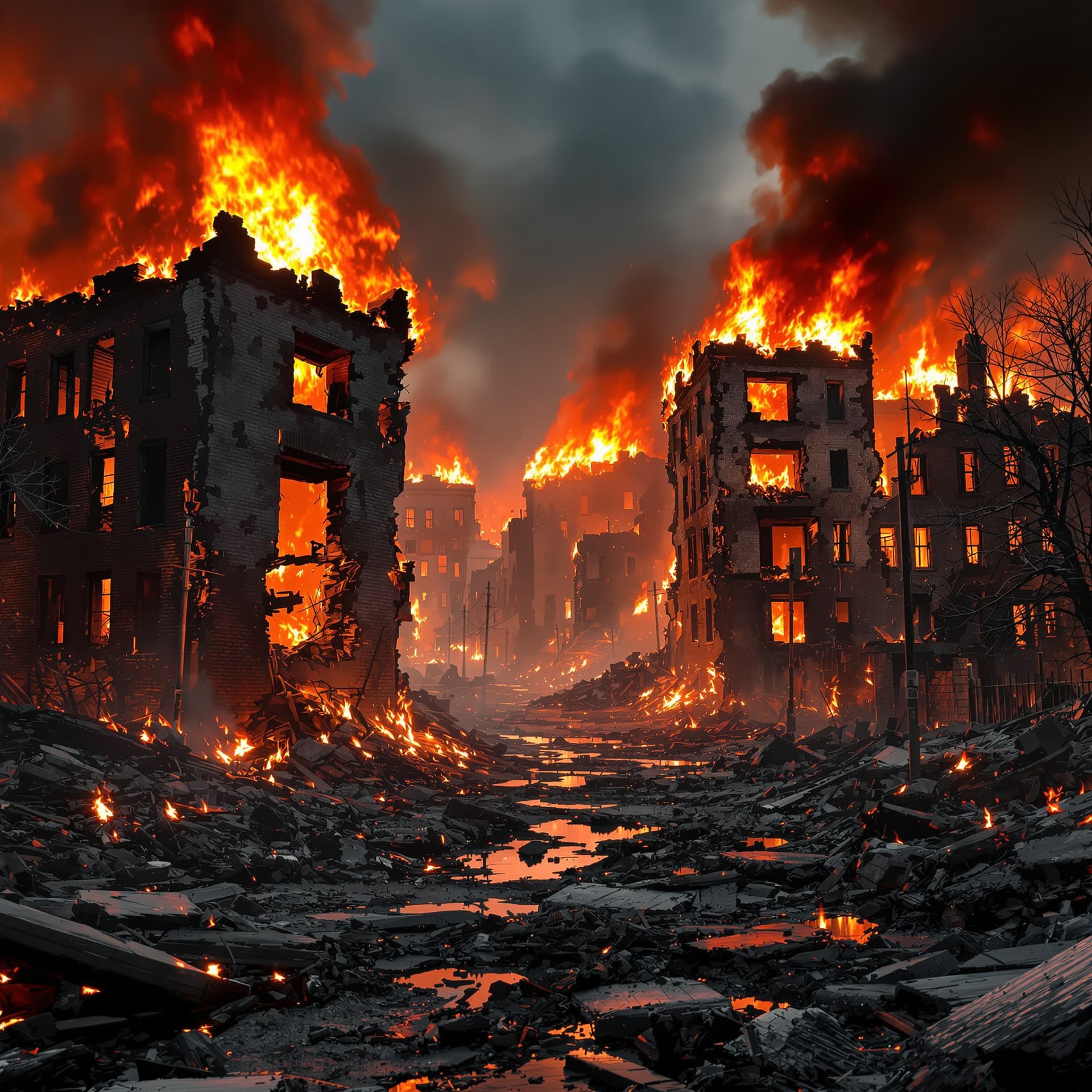 AI generated: front view of a hip hop urban neighborhood destroyed with walls missing, THE BUILDINGs are CRUMBLING...