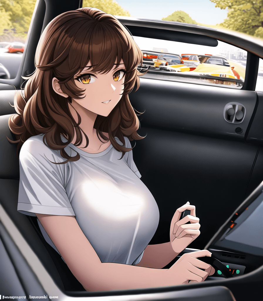 AI generated: (perfect anime illustration), 1girl, curly hair, brown hair, ((((((driving in a car)))))), t-shirt, ...